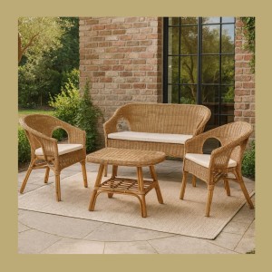 Salon de jardin en rotin collection SIENNE – Canapé 2 places, 2 fauteuils et table – Élégance naturelle et confort