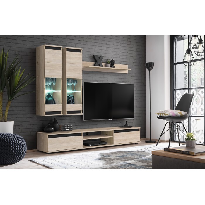 Composition murale DOMO chêne clair et noir dans un décor 3D