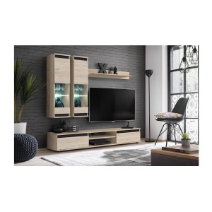 Composition murale DOMO chêne clair et noir dans un décor 3D