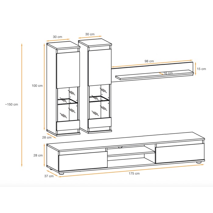 Composition murale DOMO chêne clair et noir - dimensions totales
