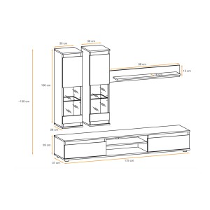 Composition murale DOMO chêne clair et noir - dimensions totales