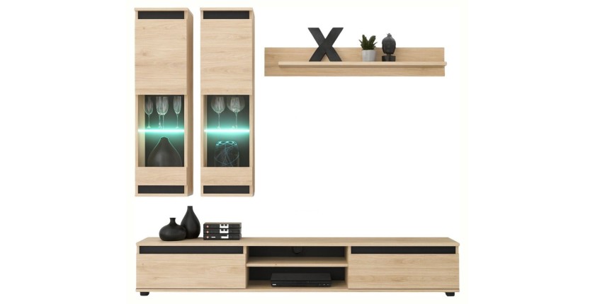 Composition murale DOMO chêne clair et noir sur fond blanc