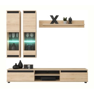 Composition murale DOMO chêne clair et noir sur fond blanc