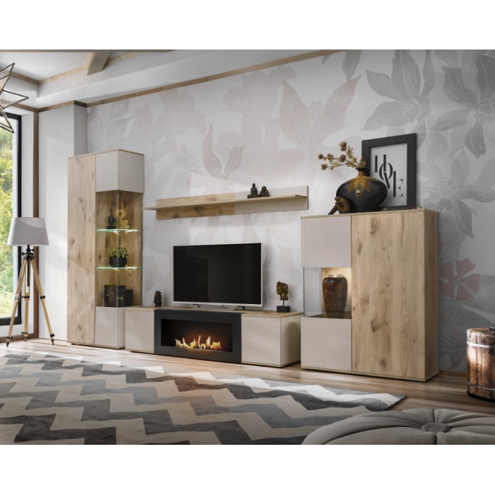 Meuble TV ERINA avec cheminée bio-éthanol intégrée dans un décor 3D