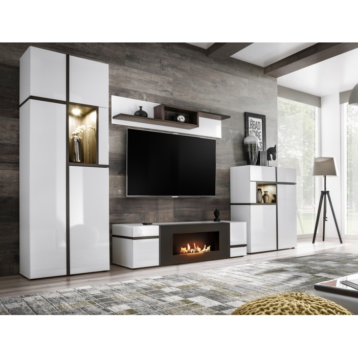 Composition murale CRISS avec cheminée bio-éthanol intégrée blanc brillant dans un décor 3D