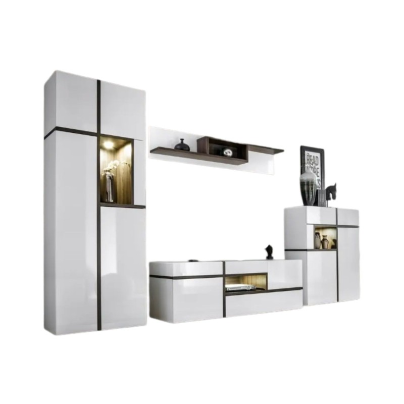 Ensemble 4 meubles de salon collection CRISS avec LEDS intégrés. Couleur blanche et finitions chêne.