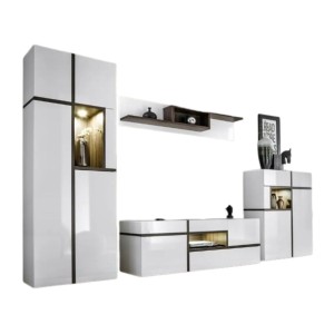 Ensemble 4 meubles de salon collection CRISS avec LEDS intégrés. Couleur blanche et finitions chêne.
