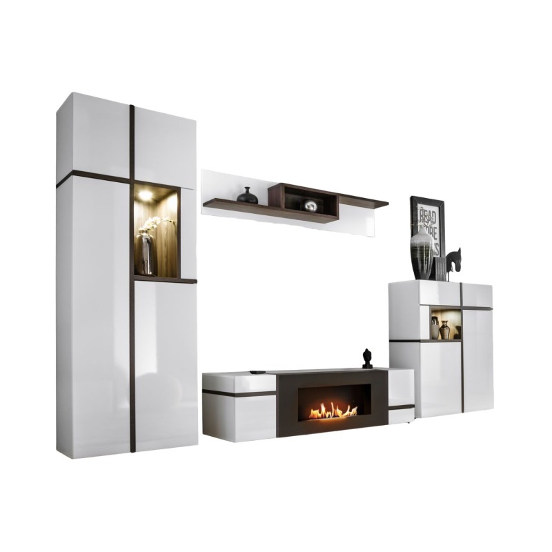 Composition murale CRISS avec cheminée bio-éthanol intégrée blanc brillant