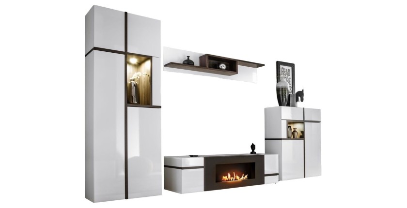 Composition murale CRISS avec cheminée bio-éthanol intégrée blanc brillant