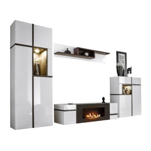 Composition murale CRISS avec cheminée bio-éthanol intégrée blanc brillant