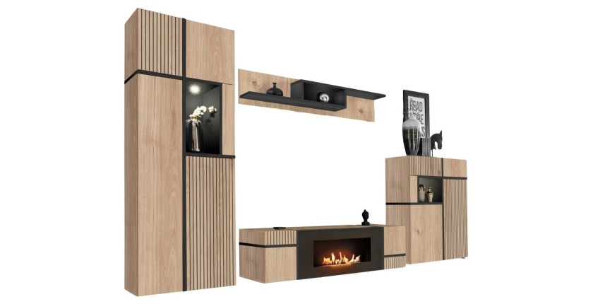 Ensemble de salon CRISS chêne clair et noir avec cheminée intégrée sur fond blanc