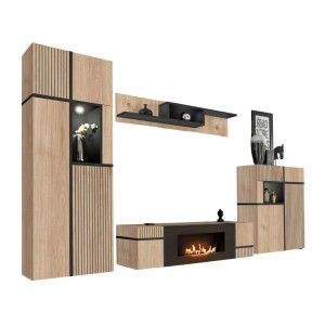 Ensemble de salon CRISS chêne clair et noir avec cheminée intégrée sur fond blanc