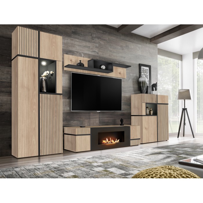 Meuble TV CRISS chêne clair et noir avec cheminée bio-éthanol intégrée dans un décor 3D