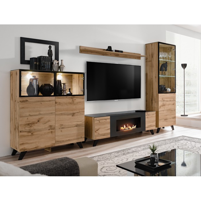 Meuble TV TINO avec cheminée bio-éthanol intégrée dans décor 3D