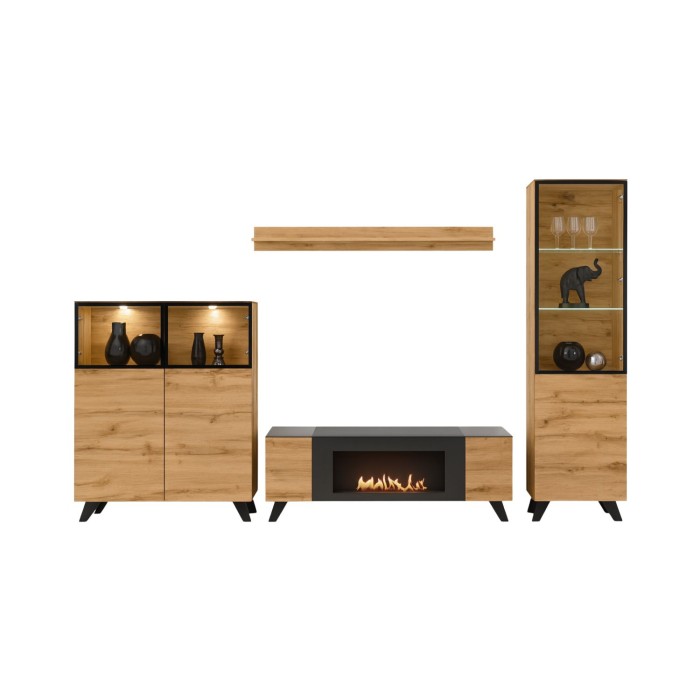 Ensemble de salon TINO avec cheminée bio-éthanol sur fond blanc