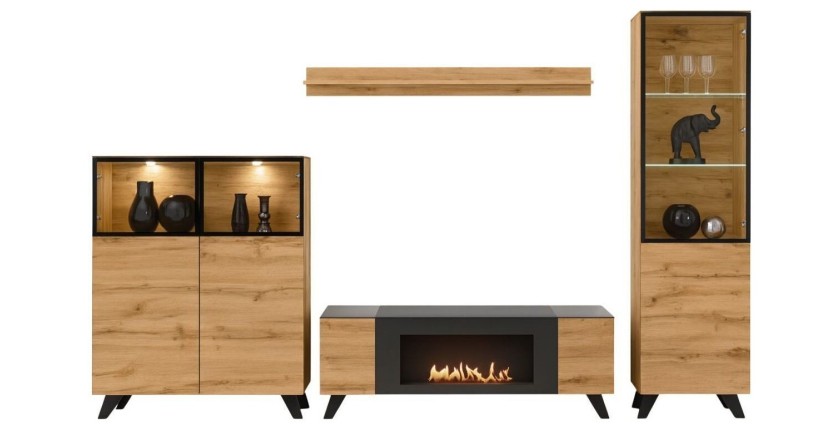 Ensemble de salon TINO avec cheminée bio-éthanol sur fond blanc