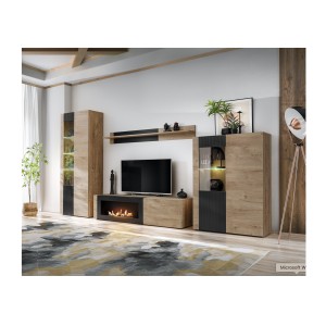 Meuble TV DOUM avec cheminée bio-éthanol intégrée mis en situation dans un décor 3D