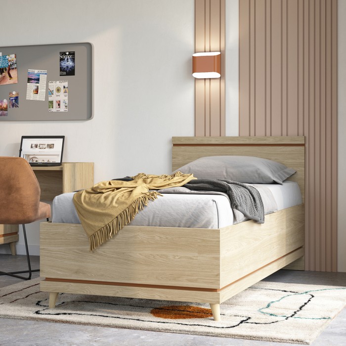 Lit coffre enfant NOKI – 100x200 cm chêne clair et moka – Style scandinave avec sommier métal