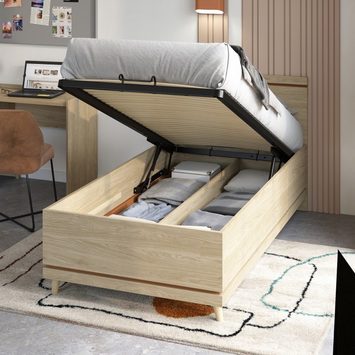 Lit coffre enfant NOKI – 100x200 cm chêne clair et moka – Style scandinave avec sommier métal