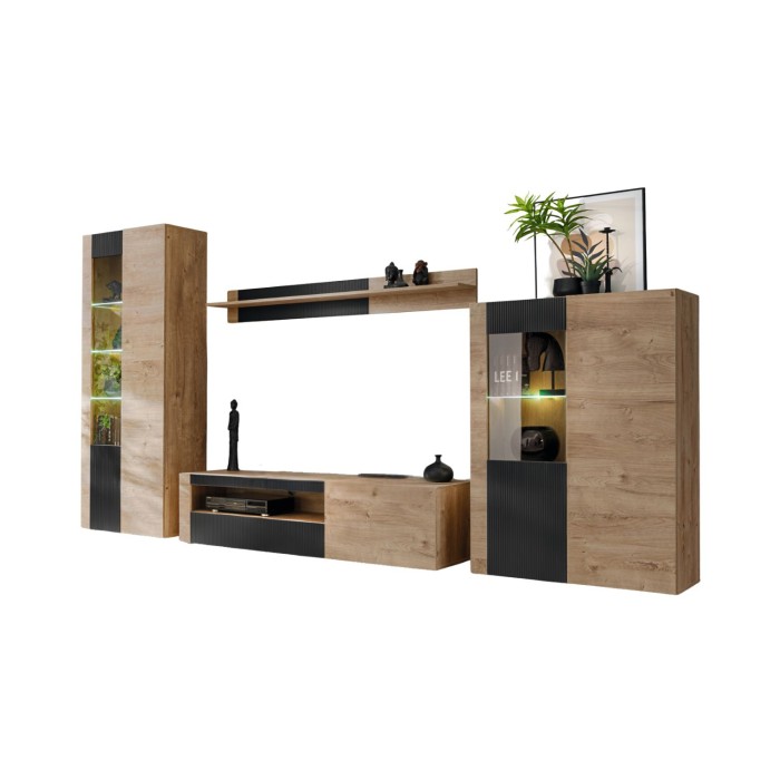 Ensemble DOUM vitrine, buffet haut, meuble TV et étagère sur fond blanc