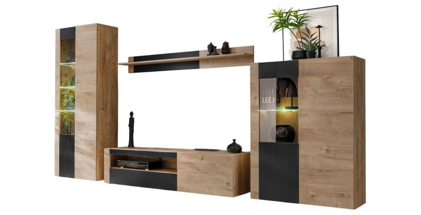 Ensemble DOUM vitrine, buffet haut, meuble TV et étagère sur fond blanc