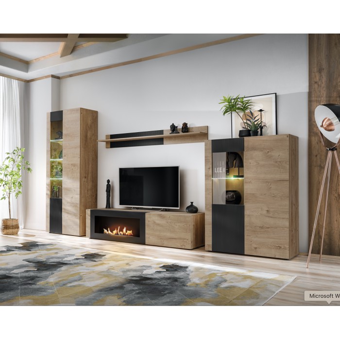 Ensemble de salon DOUM avec cheminée bio-éthanol intégrée, mis en situation dans un décor 3D