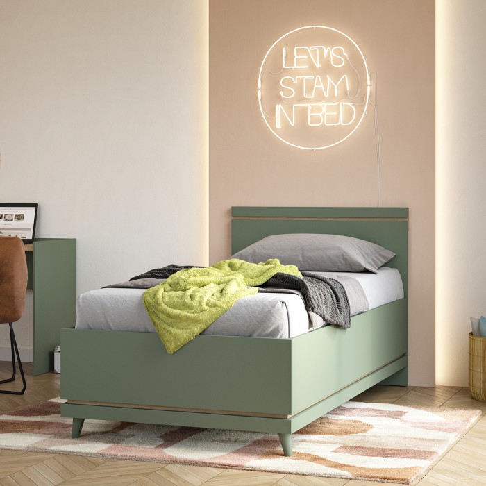 Lit enfant + sommier NOKI – 100x200 cm vert et bois – Style scandinave
