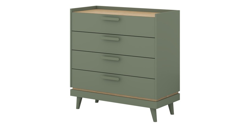 Commode NOKI – Vert et bois – 3 tiroirs style scandinave