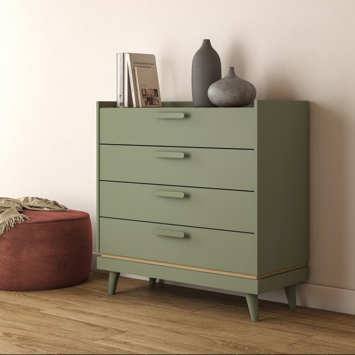 Commode NOKI – Vert et bois – 3 tiroirs style scandinave