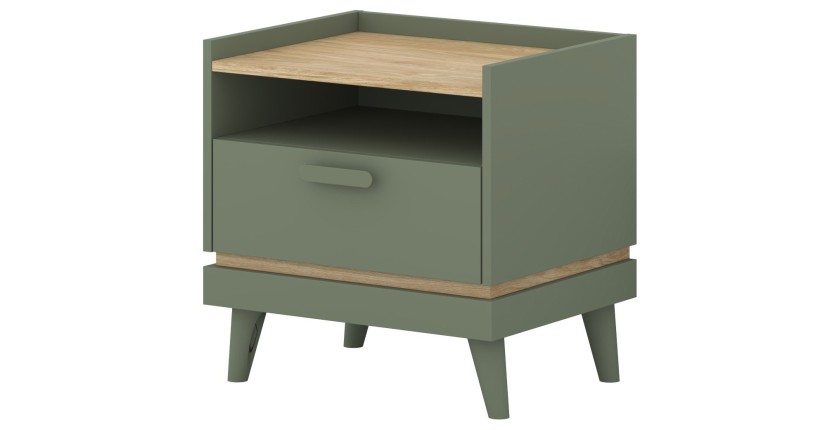 Table de chevet NOKI – Vert et bois – 1 tiroir style scandinave