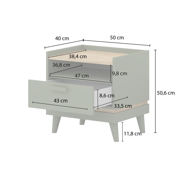 Table de chevet NOKI – Vert et bois – 1 tiroir style scandinave