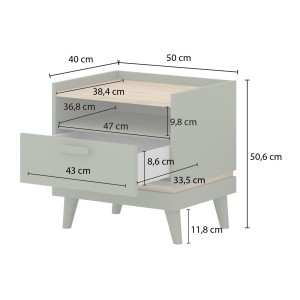Table de chevet NOKI – Vert et bois – 1 tiroir style scandinave