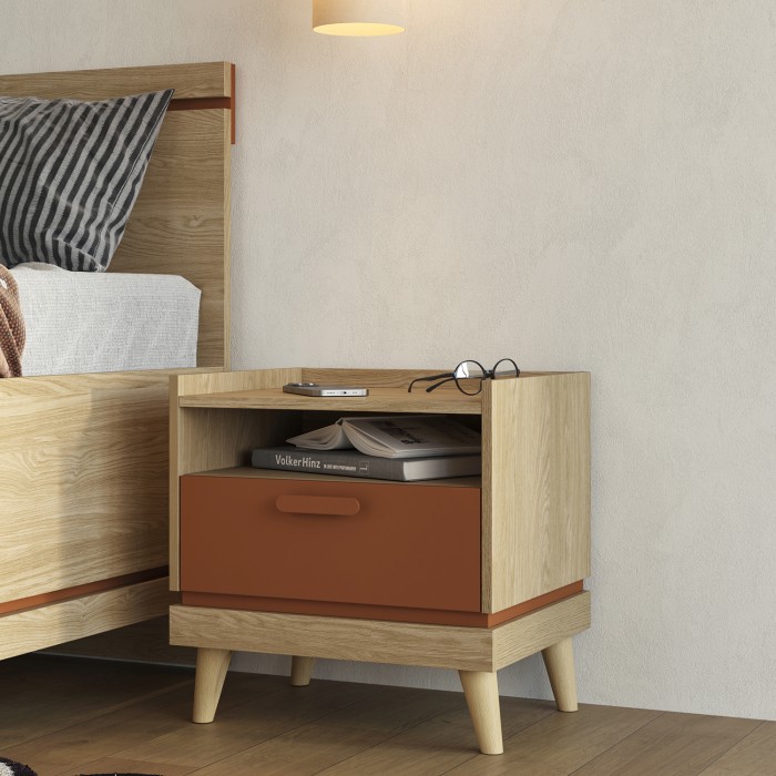 Table de chevet NOKI – Chêne clair et moka – 1 tiroir style scandinave