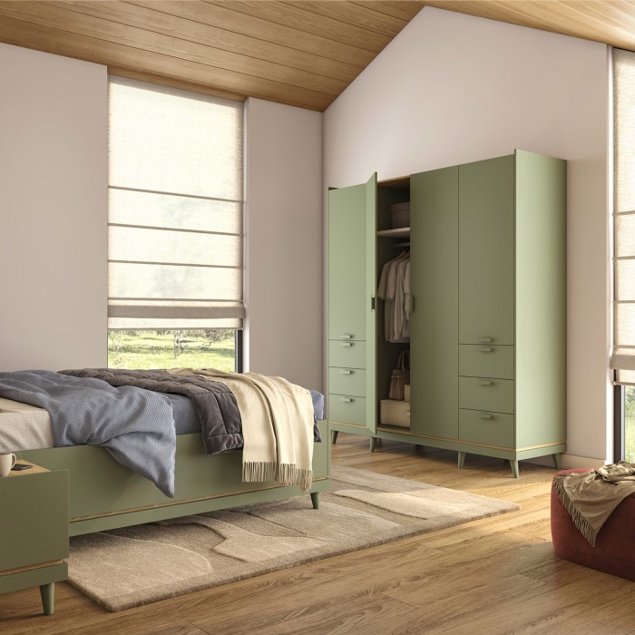 Armoire NOKI – 4 portes vert et bois – Style scandinave