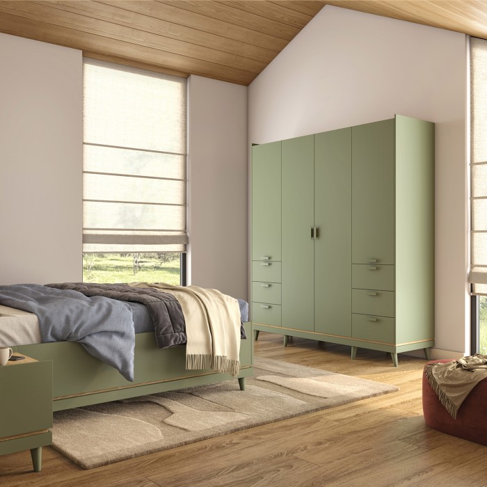 Armoire NOKI – 4 portes vert et bois – Style scandinave