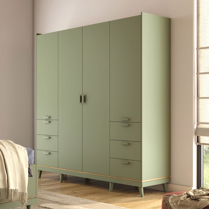 Armoire NOKI – 4 portes vert et bois – Style scandinave