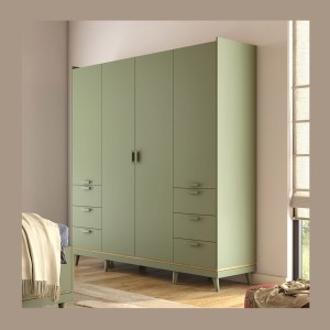 Armoire NOKI – 4 portes vert et bois – Style scandinave
