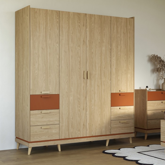 Armoire NOKI – 4 portes chêne clair et moka – Style scandinave
