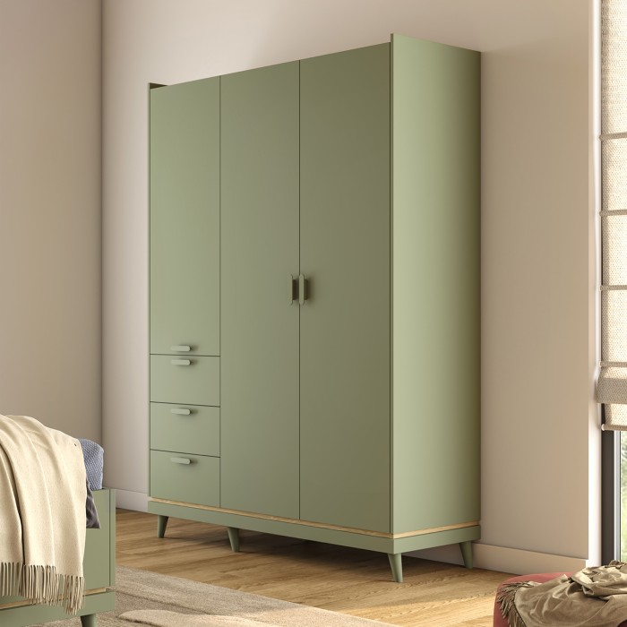 Armoire NOKI – 3 portes vert et bois – Style scandinave
