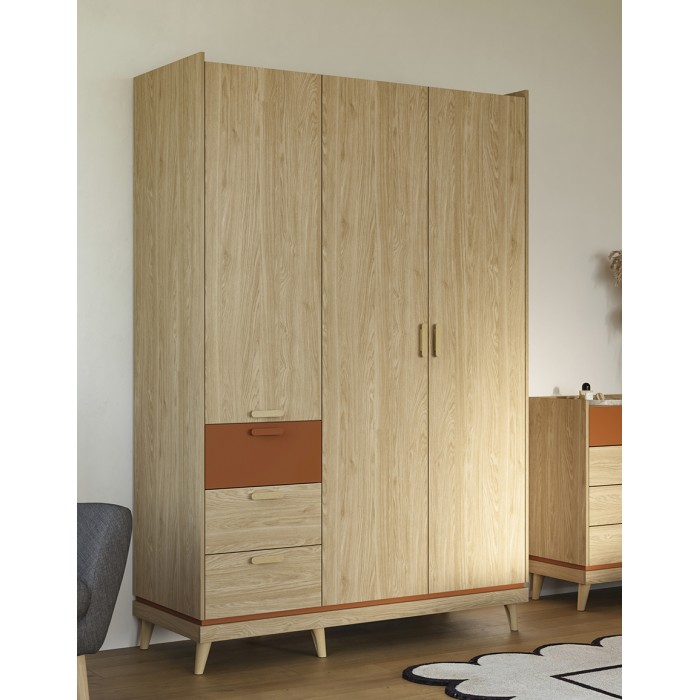 Armoire NOKI – 3 portes chêne clair et moka – Style scandinave