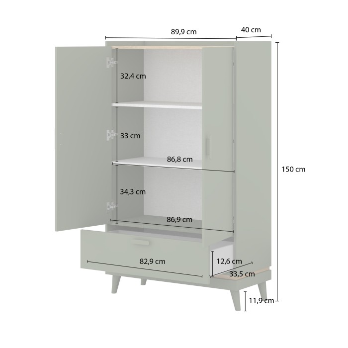 Armoire NOKI – 2 portes + 1 tiroir vert et bois – Petite armoire style scandinave