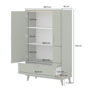Armoire NOKI – 2 portes + 1 tiroir vert et bois – Petite armoire style scandinave