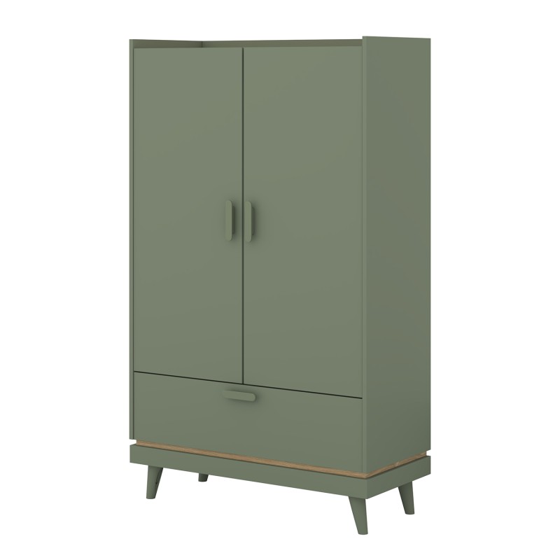 Armoire NOKI – 2 portes + 1 tiroir vert et bois – Petite armoire style scandinave