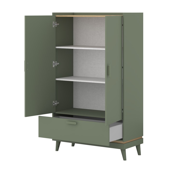 Armoire NOKI – 2 portes + 1 tiroir vert et bois – Petite armoire style scandinave
