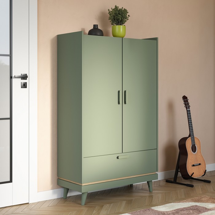 Armoire NOKI – 2 portes + 1 tiroir vert et bois – Petite armoire style scandinave