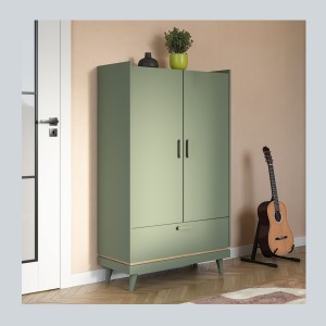 Armoire NOKI – 2 portes + 1 tiroir vert et bois – Petite armoire style scandinave
