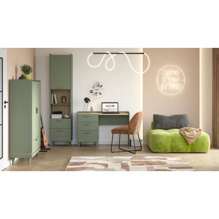 Armoire NOKI – 2 portes + 1 tiroir vert et bois – Petite armoire style scandinave