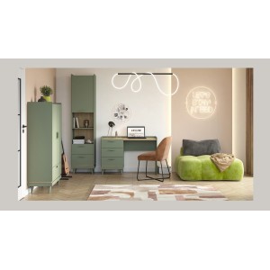 Armoire NOKI – 2 portes + 1 tiroir vert et bois – Petite armoire style scandinave