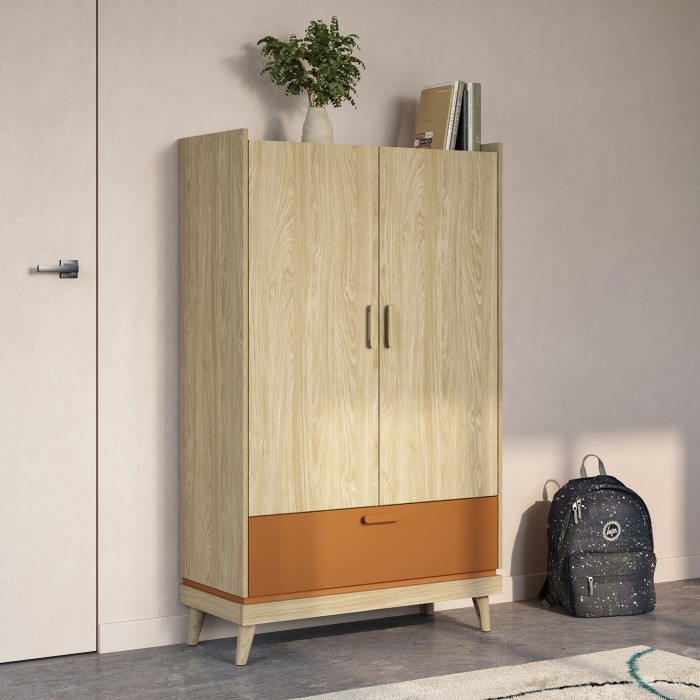 Armoire de rangement NOKI – 2 portes + 1 tiroir chêne clair et moka – Style scandinave