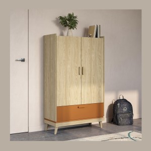 Armoire de rangement NOKI – 2 portes + 1 tiroir chêne clair et moka – Style scandinave